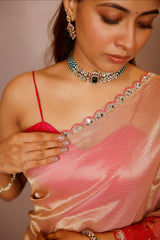 Light Pink Tissue Silk Saree with Woven Border and Cutdana Mirror Applique Work