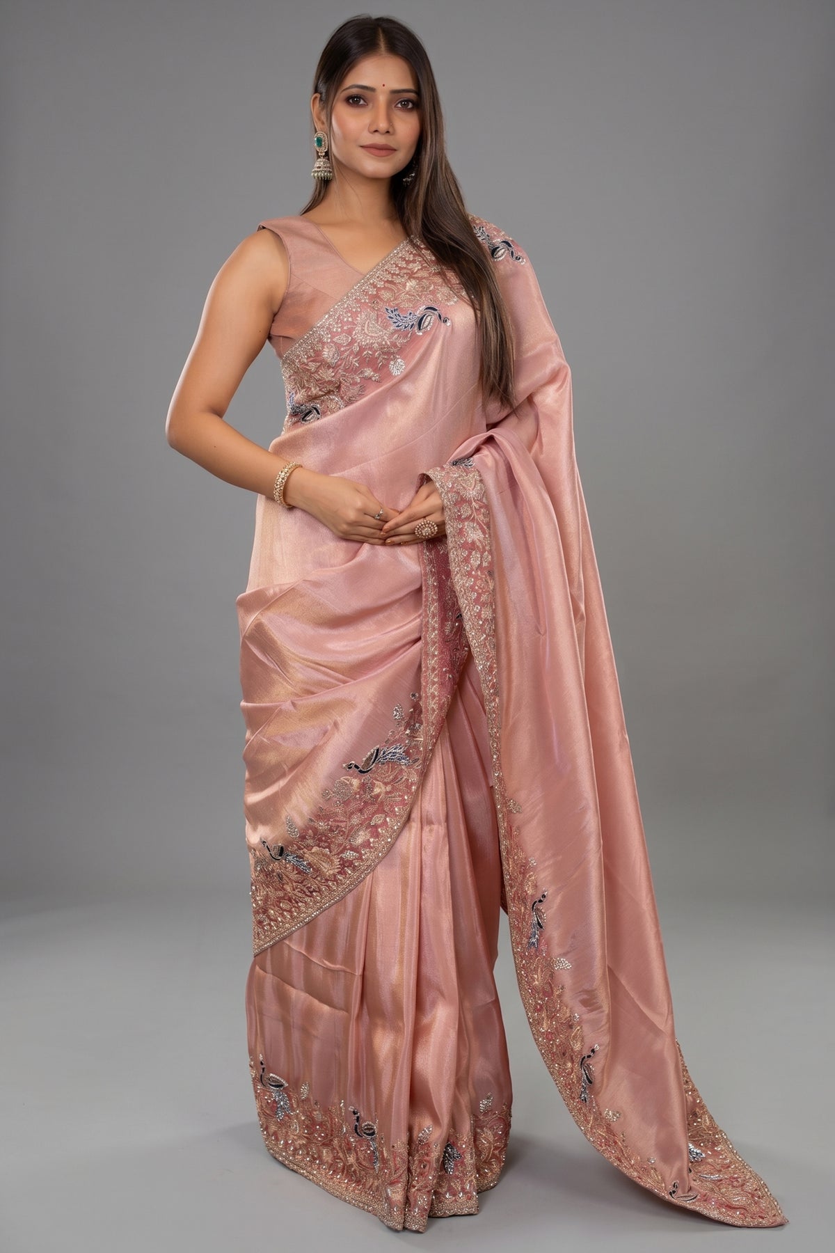 Pink Tissue Resham Embroidered and Diamond Worked Saree