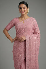 Light Baby Pink Georgette Lucknowi Worked Saree with Mukaish Work