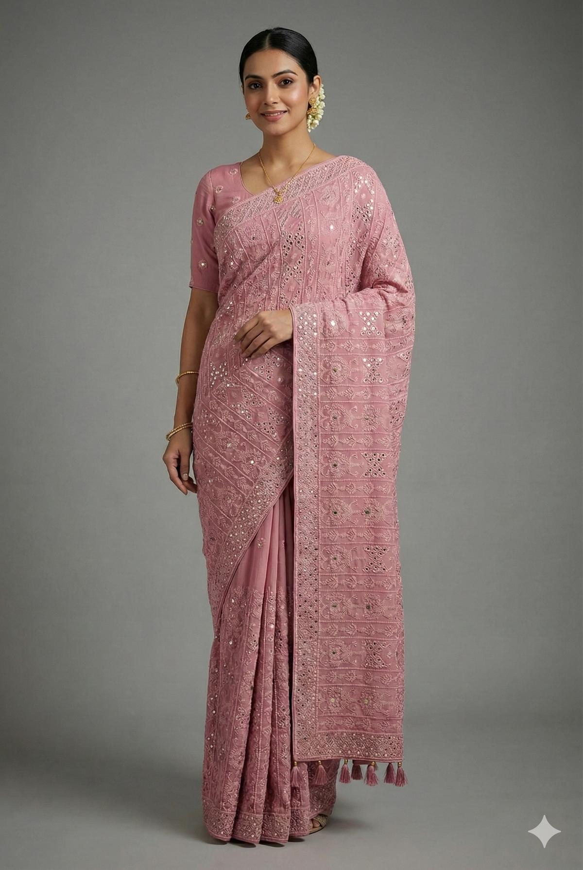 Light Baby Pink Georgette Lucknowi Worked Saree with Mukaish Work