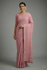 Light Baby Pink Georgette Lucknowi Worked Saree with Mukaish Work