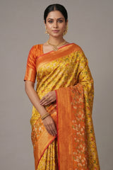 Mustard Yellow Kanchipuram Tissue Silk Checks Woven Patola Saree