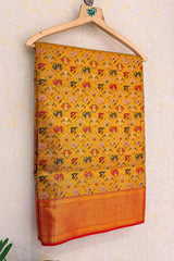 Mustard Yellow Kanchipuram Tissue Silk Checks Woven Patola Saree