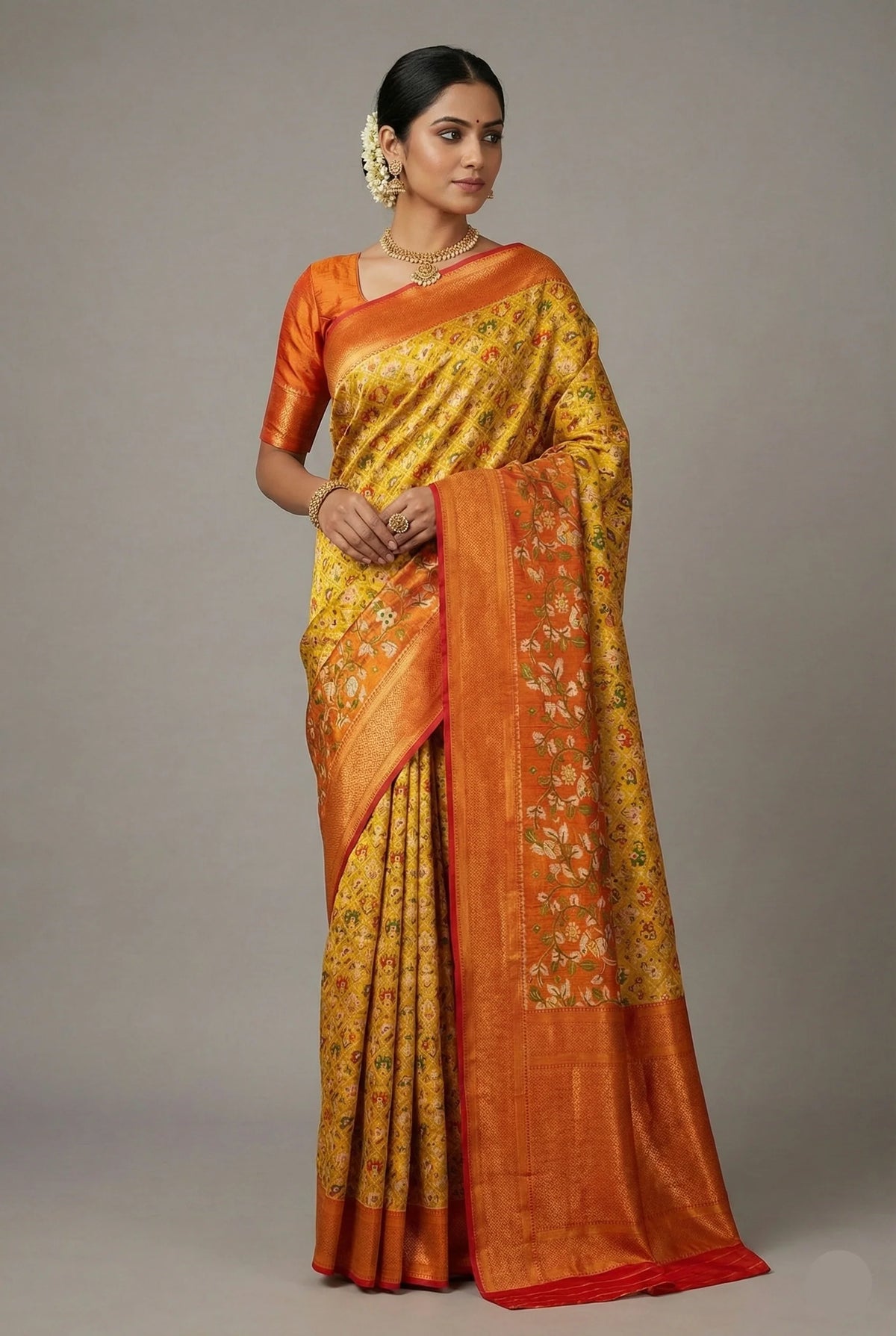 Mustard Yellow Kanchipuram Tissue Silk Checks Woven Patola Saree