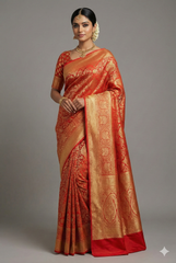 Rust Orange Kanchipuram Tissue Silk Traditional Woven Saree with Pink Hightlight