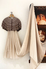 Cream Soft Organza Silk Weaving Stripe Saree with Poncho Blouse and Cutdana Work Scallop Border