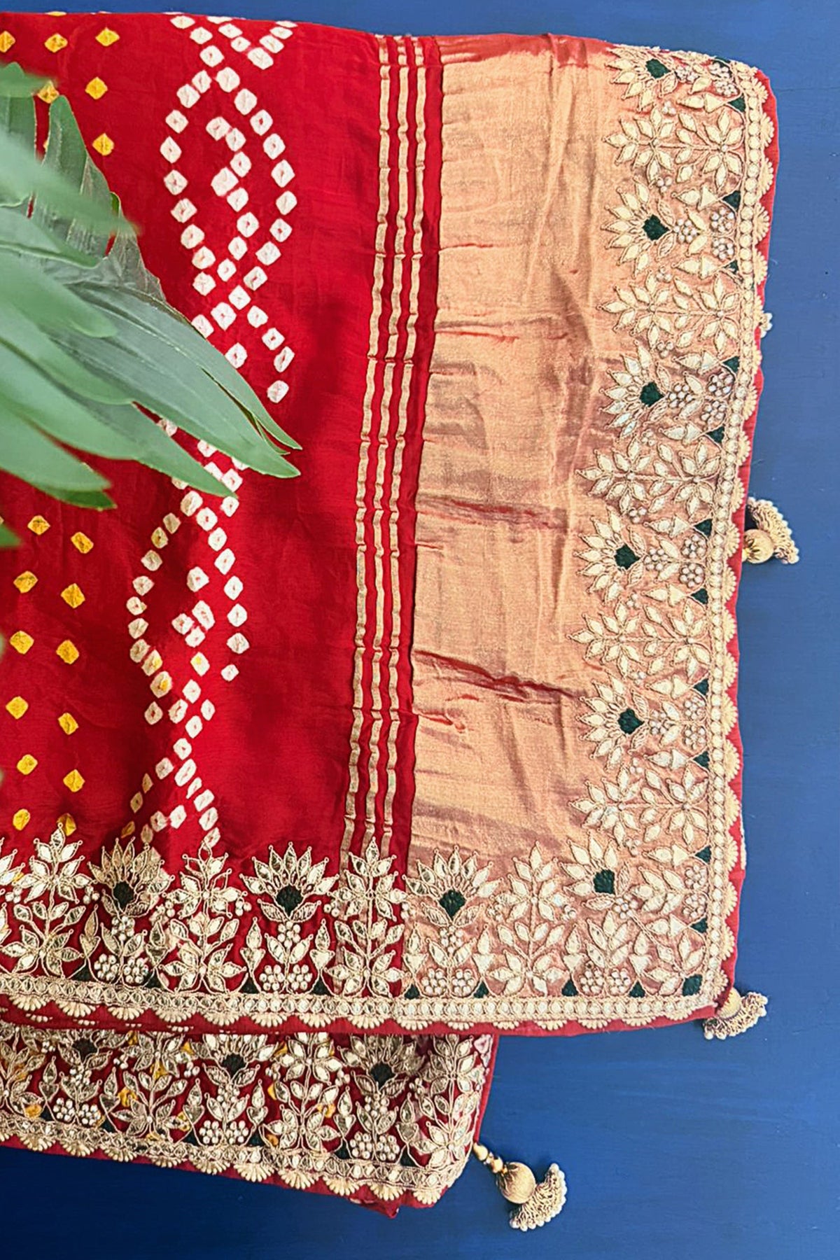 Maroon Cotton Silk Bandhej Saree with Embroidered Border