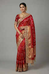 Maroon Cotton Silk Bandhej Saree with Embroidered Border