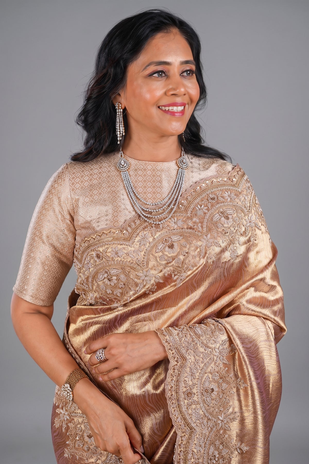 Golden Tissue Designer Saree with Handworked Scallop Border