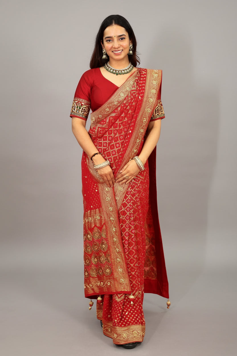 Red Georgette Traditional Bandhej Saree with Cutdana and Bead Work