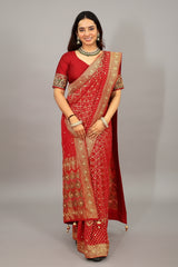 Red Georgette Traditional Bandhej Saree with Cutdana and Bead Work