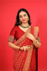 Red Georgette Traditional Bandhej Saree with Cutdana and Bead Work