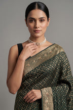 Green Georgette Traditional Bandhej Saree with Cutdana and Bead Work