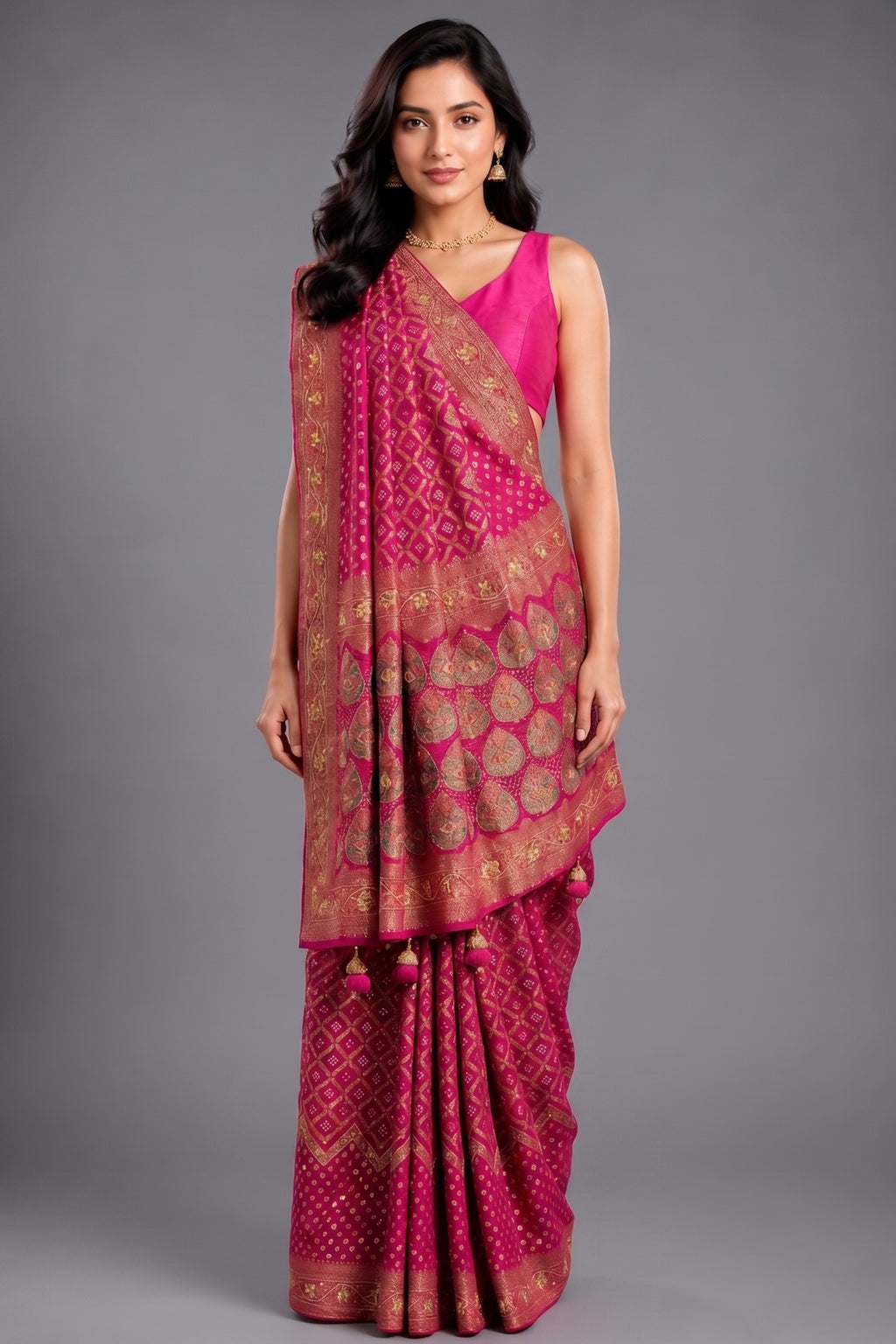 Pink Georgette Traditional Bandhej Saree with Cutdana and Bead Work