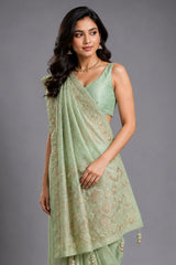Pista Green Georgette Traditional Bandhej Saree with Cutdana and Bead Work