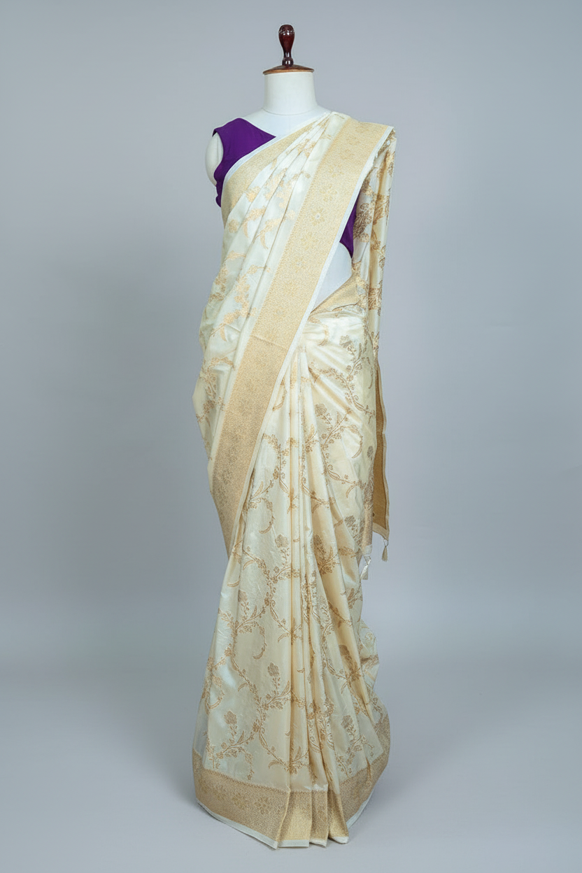 Cream Art Silk Banarasi Woven Saree