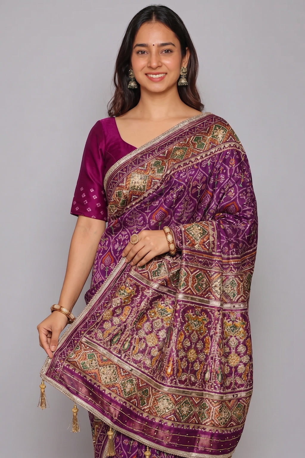 Purple Silk Traditional Woven Patola Saree with Cutdana and Beads Work