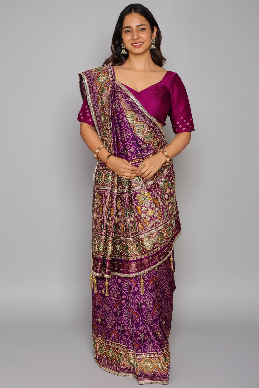Purple Silk Traditional Woven Patola Saree with Cutdana and Beads Work