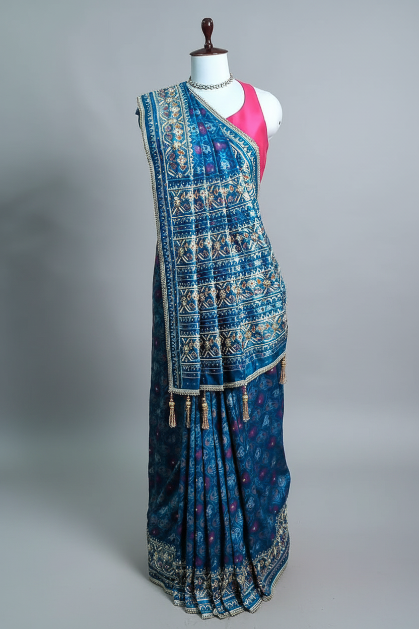 Sky Blue Silk Traditional Woven Patola Saree with Cutdana and Beads Work