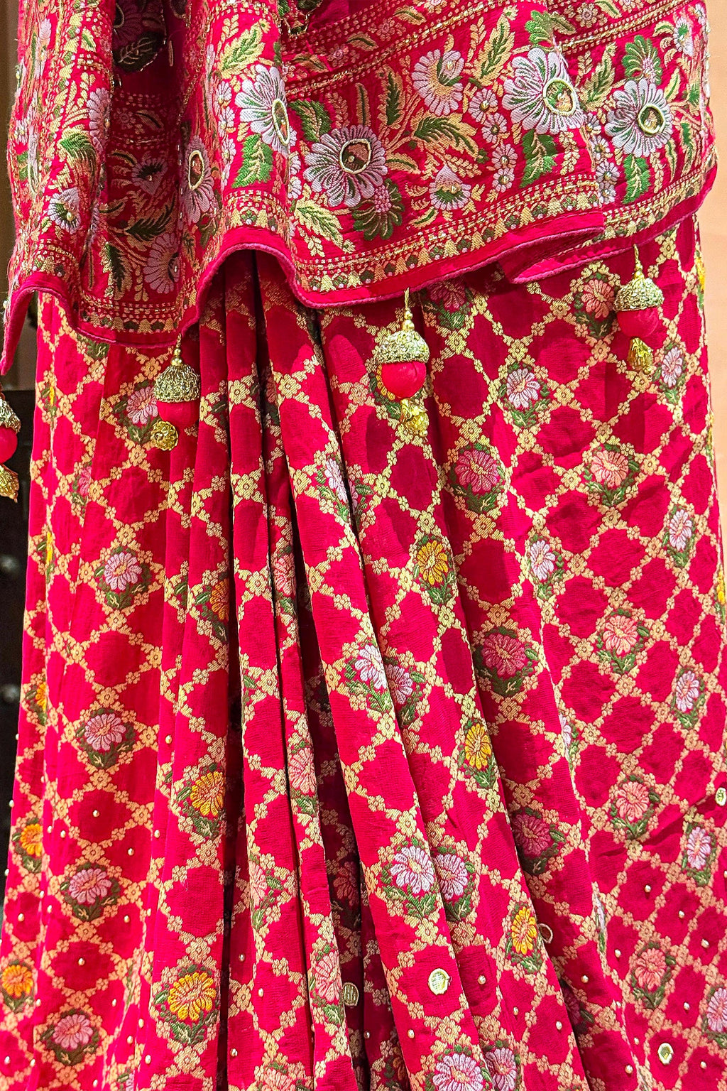 Pink Georgette Floral Woven Bandhej Saree with Cutdana