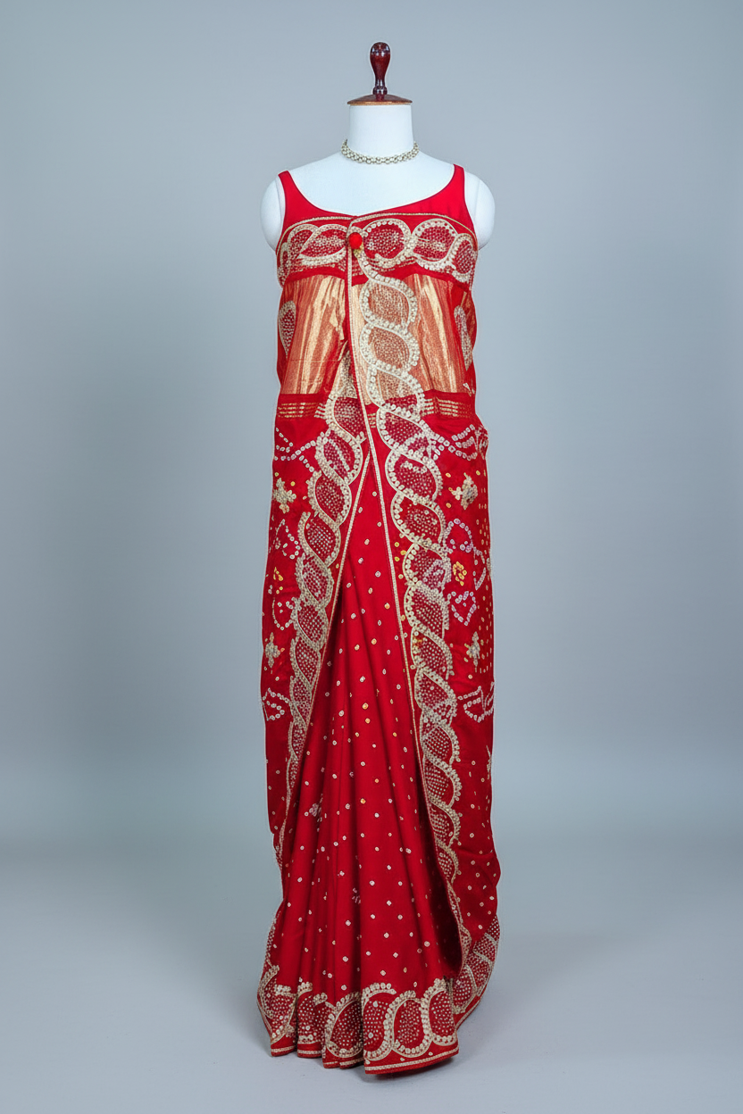 Red Dola Silk Bandhej Saree with Gota Work