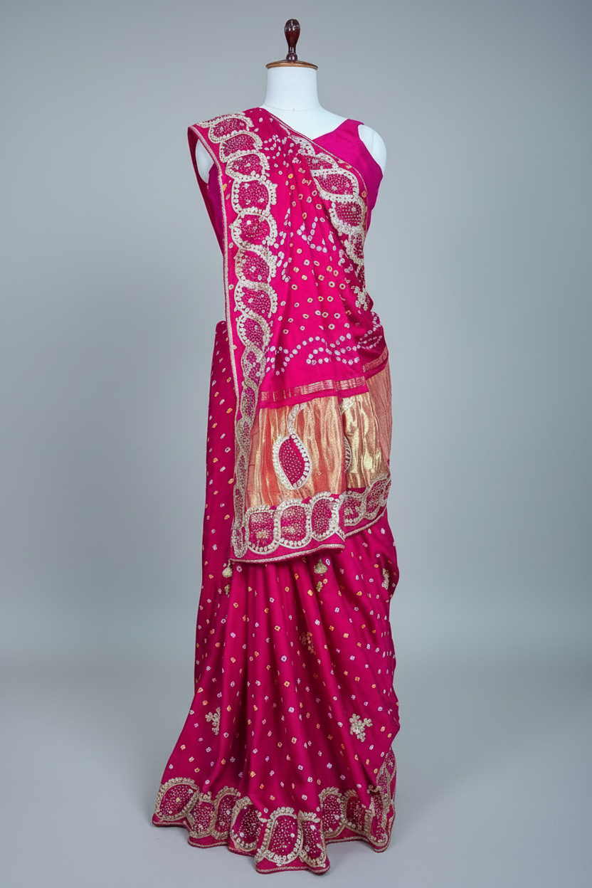 Pink Dola Silk Bandhej Saree with Gota Work
