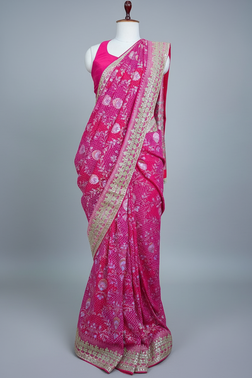 Pink Georgette Traditional Bandhej Saree with Gota Work