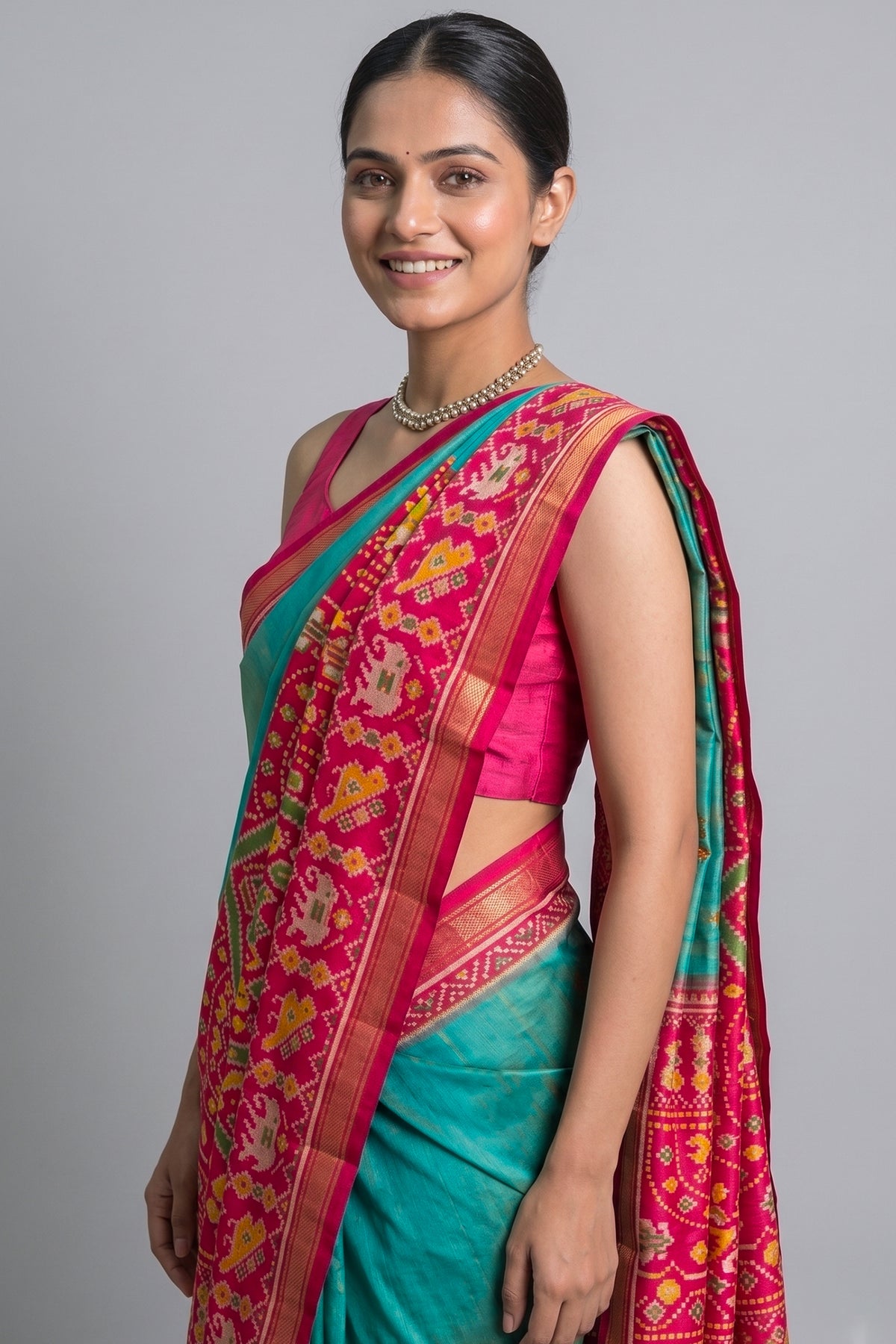 Sea Green Art Silk Saree with Patola Border and Contrast Pallu