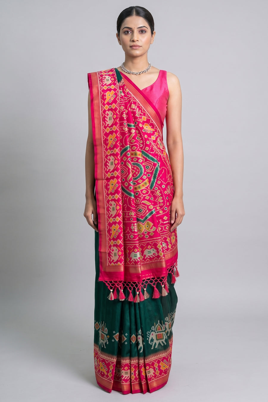 Green Art Silk Saree with Patola Border and Contrast Pallu