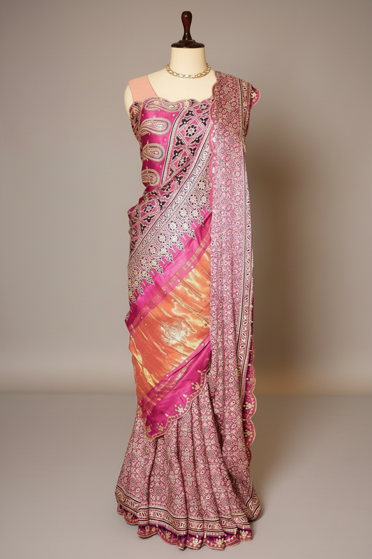 Onion Pink Modal Silk Ajrakh Printed Saree with Applique and Gota Work