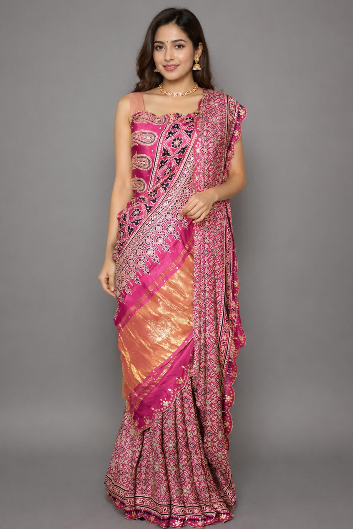 Onion Pink Modal Silk Ajrakh Printed Saree with Applique and Gota Work