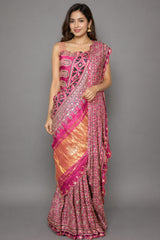 Onion Pink Modal Silk Ajrakh Printed Saree with Applique and Gota Work