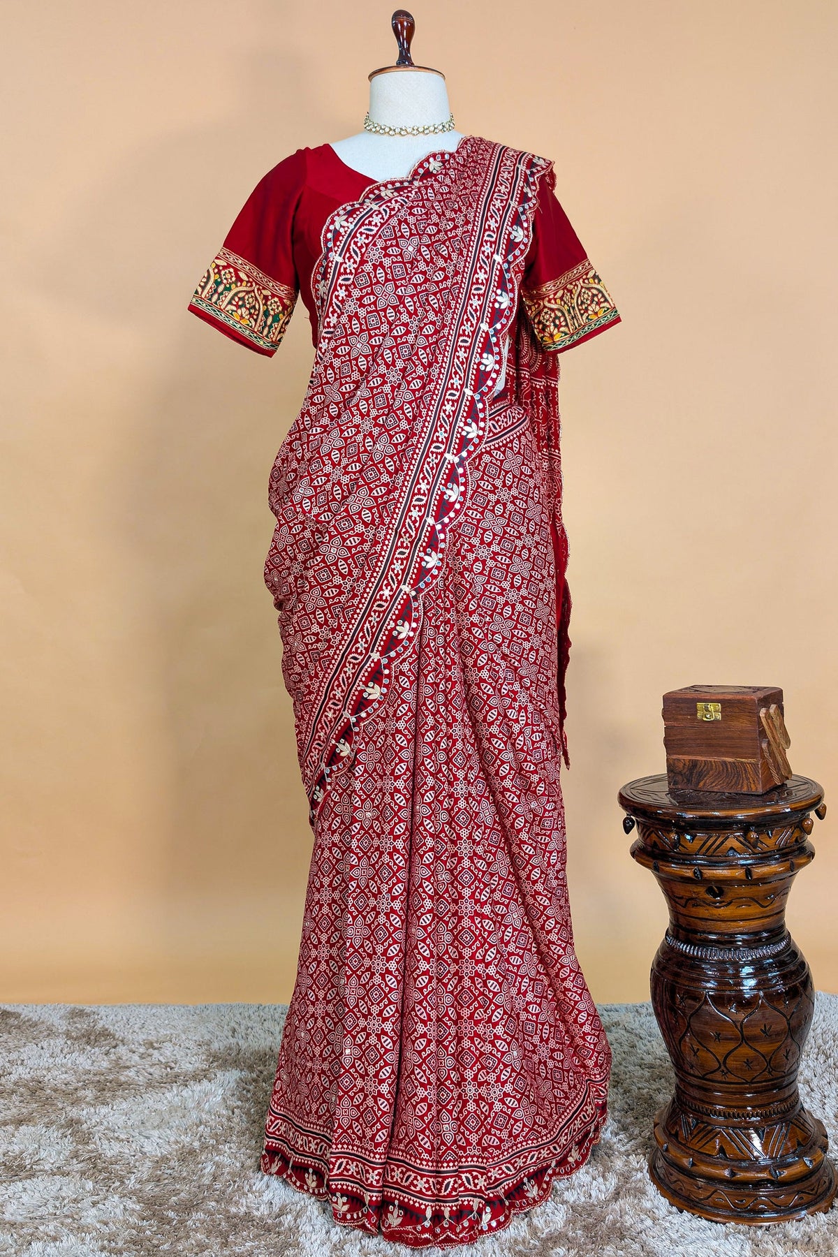 Red Modal Silk Ajrakh Printed Saree with Applique and Gota Work