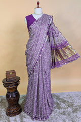 Lavender Modal Silk Ajrakh Printed Saree with Applique and Gota Work