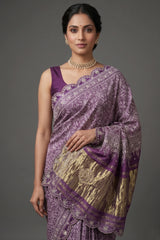 Lavender Modal Silk Ajrakh Printed Saree with Applique and Gota Work