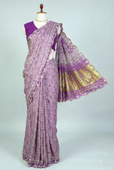 Lavender Modal Silk Ajrakh Printed Saree with Applique and Gota Work