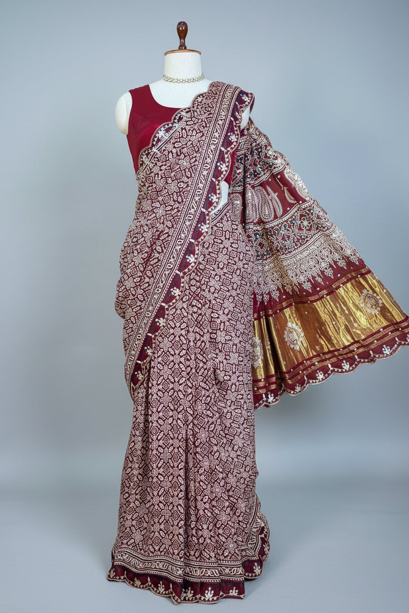 Maroon Modal Silk Ajrakh Printed Saree with Applique and Gota Work