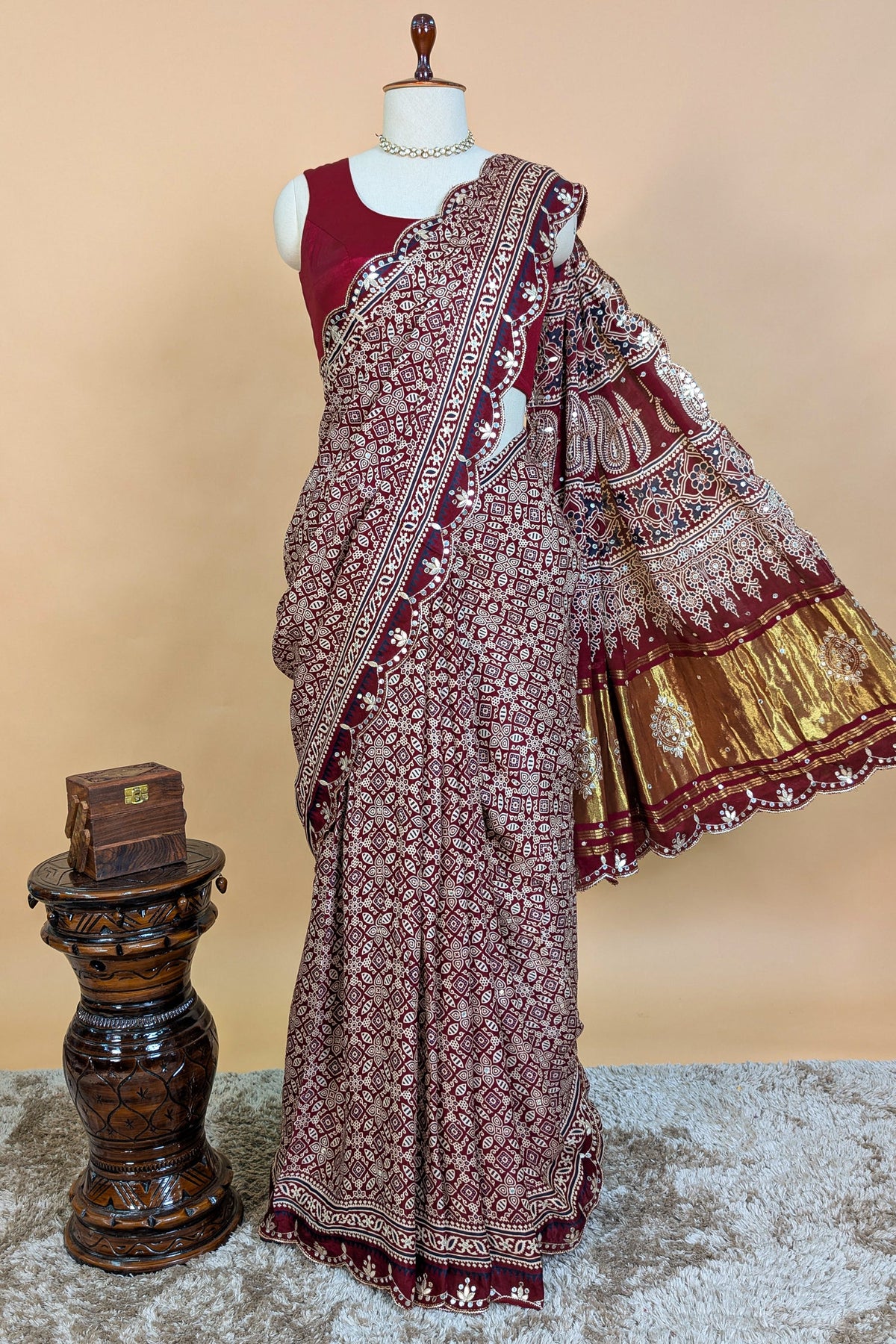 Maroon Modal Silk Ajrakh Printed Saree with Applique and Gota Work