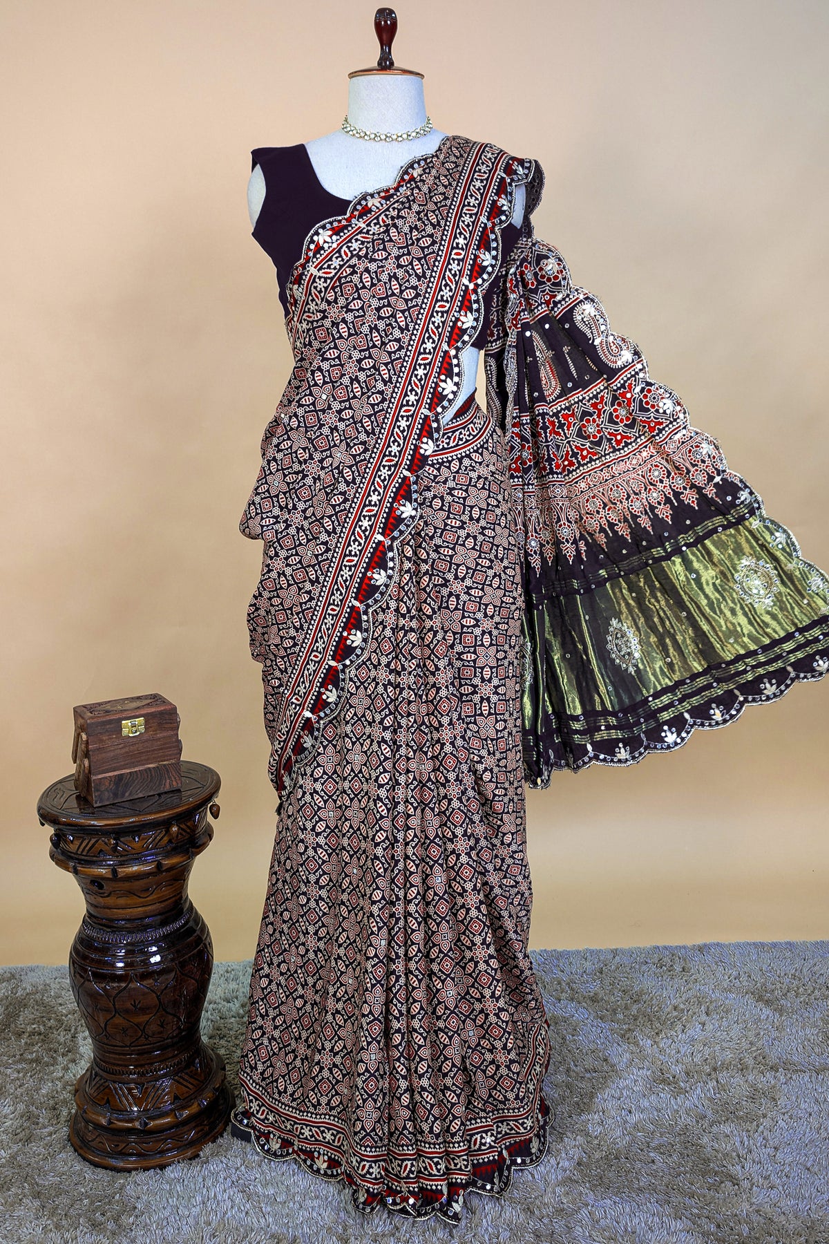 Dark Blue Modal Silk Ajrakh Printed Saree with Applique and Gota Work