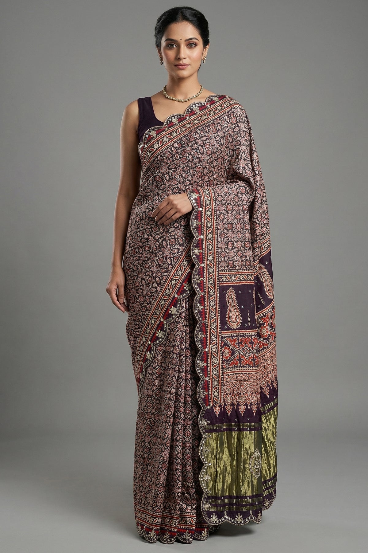 Dark Blue Modal Silk Ajrakh Printed Saree with Applique and Gota Work