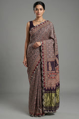Dark Blue Modal Silk Ajrakh Printed Saree with Applique and Gota Work