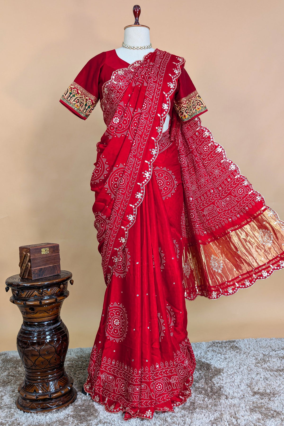 Red Modal Silk Ajrakh Printed Saree with Applique and Gota Work