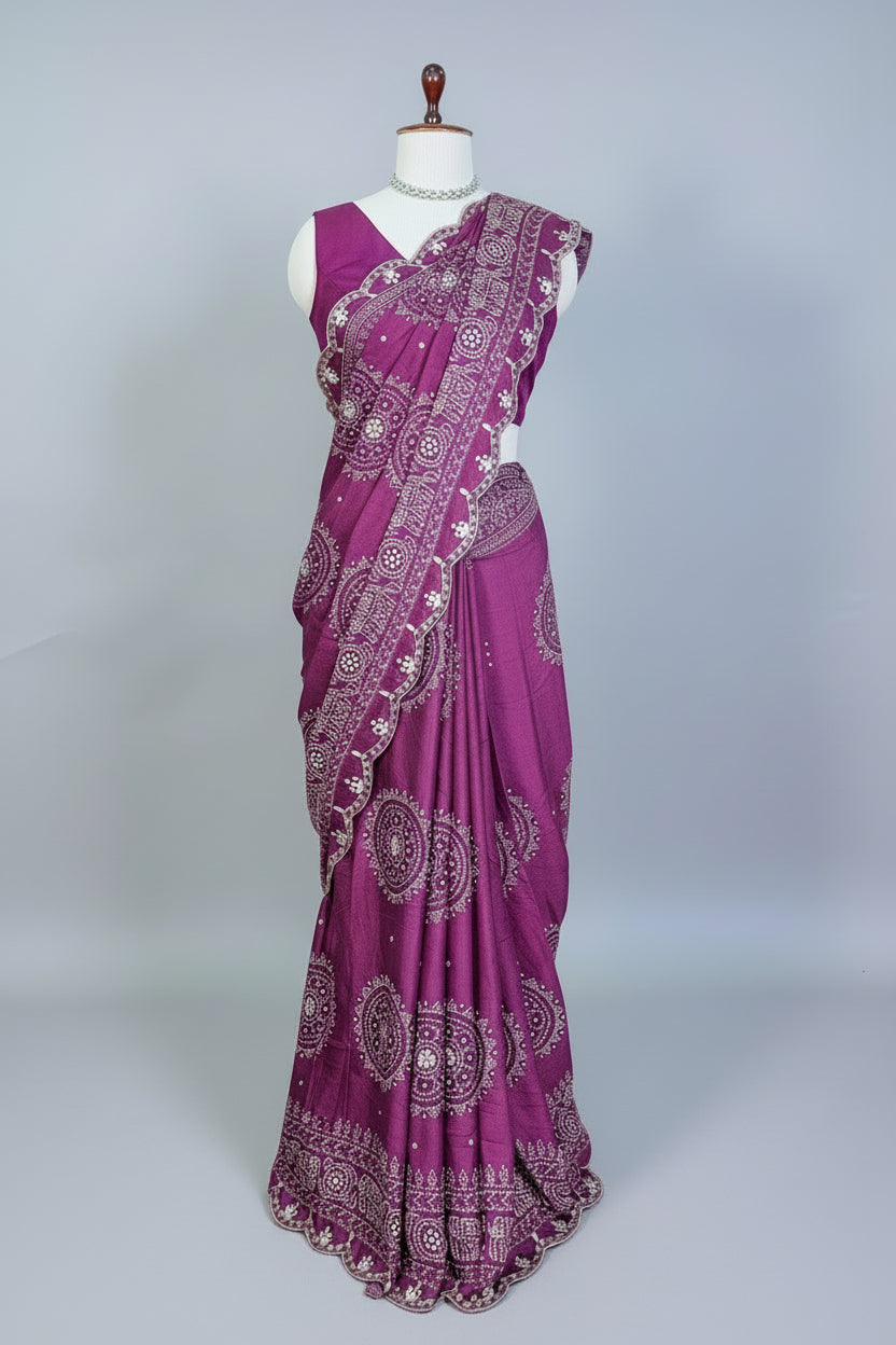 Mauve Modal Silk Ajrakh Printed Saree with Applique and Gota Work