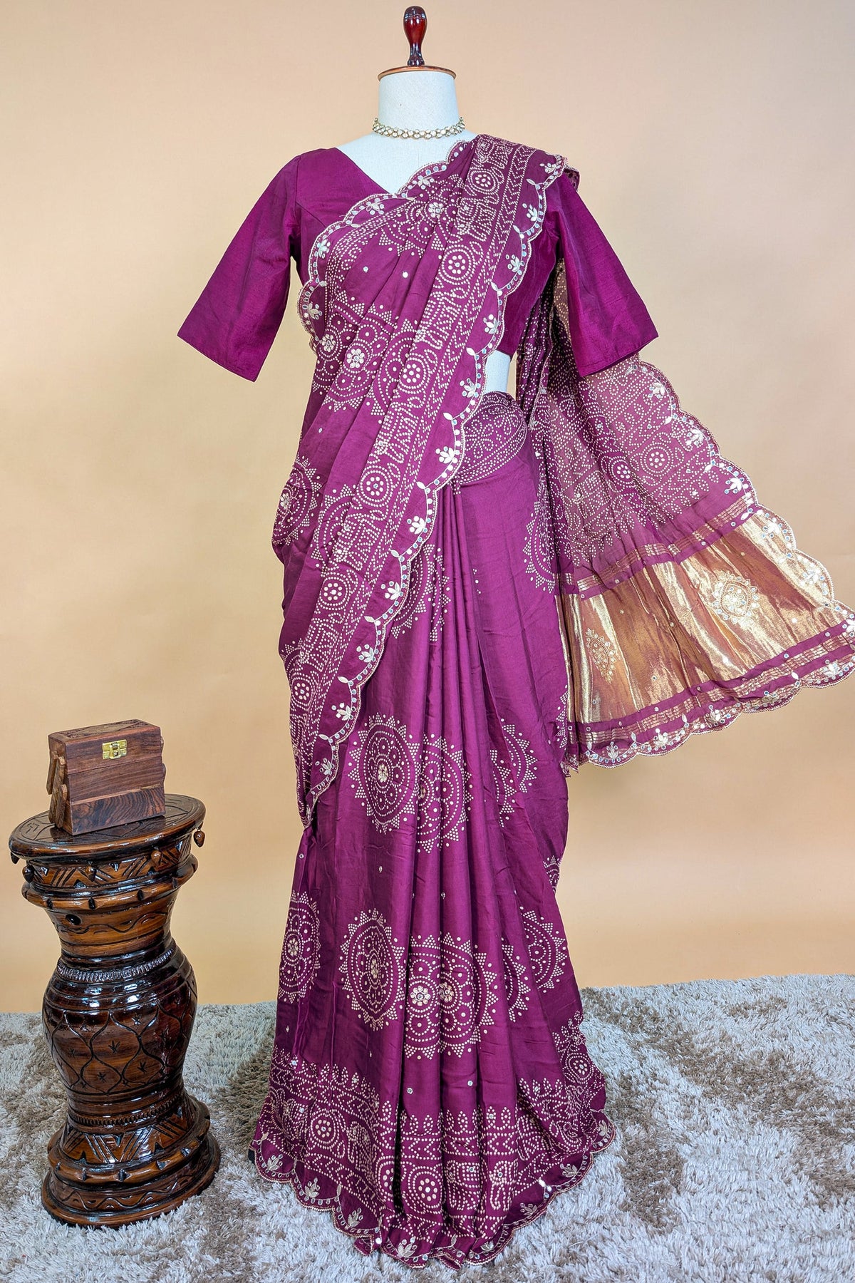 Mauve Modal Silk Ajrakh Printed Saree with Applique and Gota Work