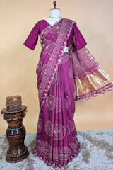 Mauve Modal Silk Ajrakh Printed Saree with Applique and Gota Work