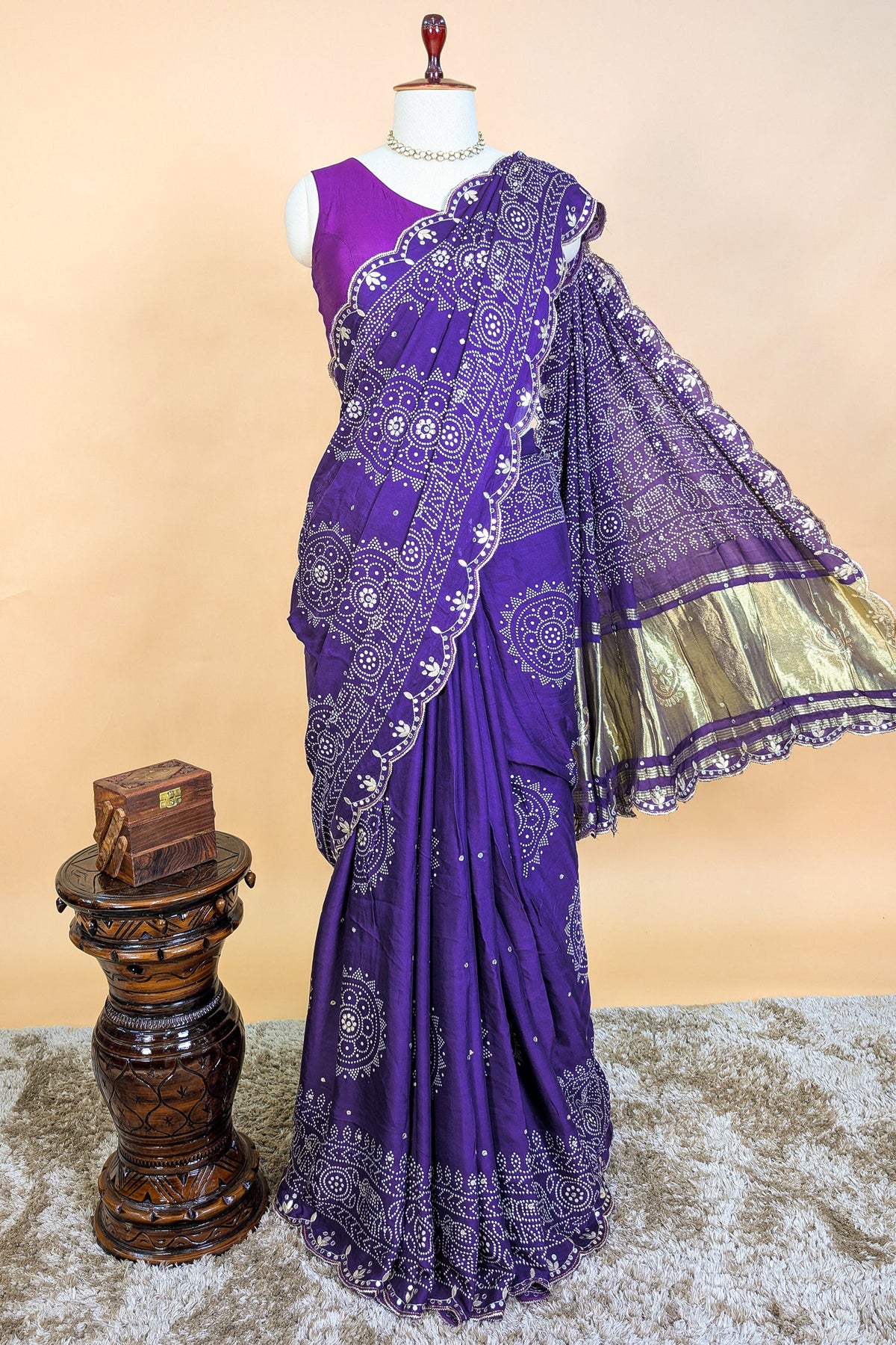 Purple Modal Silk Ajrakh Printed Saree with Applique and Gota Work