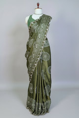 Olive Green Modal Silk Ajrakh Printed Saree with Applique and Gota Work