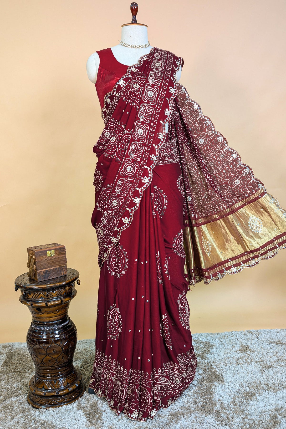 Maroon Modal Silk Ajrakh Printed Saree with Applique and Gota Work