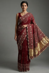 Maroon Modal Silk Ajrakh Printed Saree with Applique and Gota Work