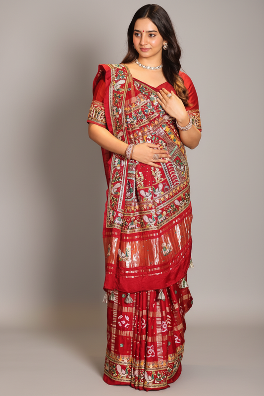 Maroon Gaji Silk Traditional Gharchola Saree with Embroidery and Peacock and Elephant Motif